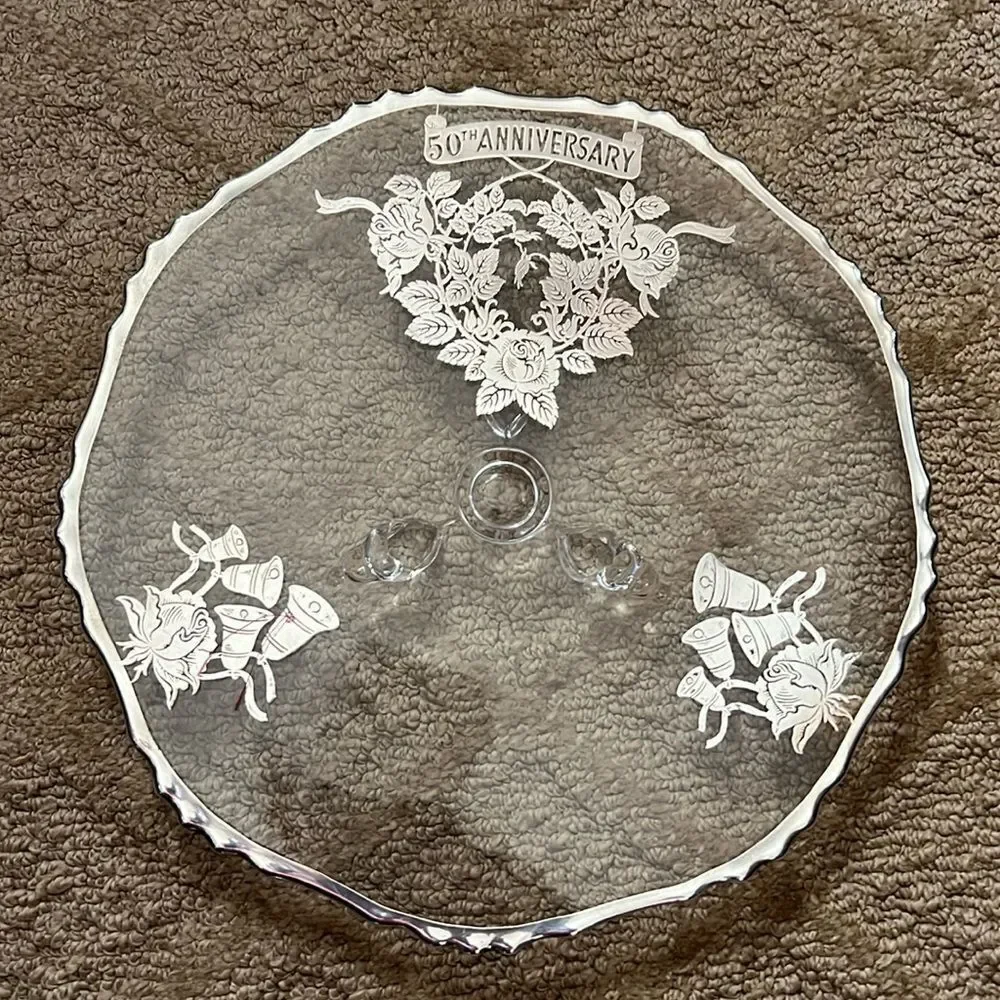 Vintage 50th Wedding Anniversary Glass Plate with Silver Detailing & Feet